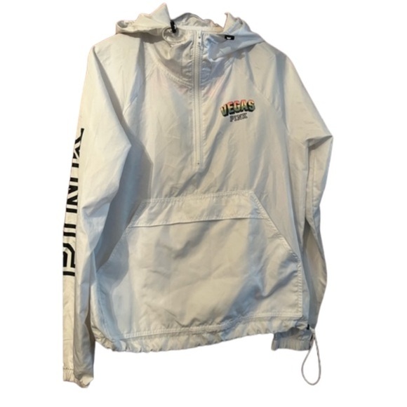 PINK Victoria Secret White Hooded Kangaroo Pouch Windbreaker Jacket XS LAS VEGAS - Picture 2 of 10